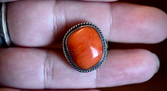 Red Coral in Silver Ring • Vintage